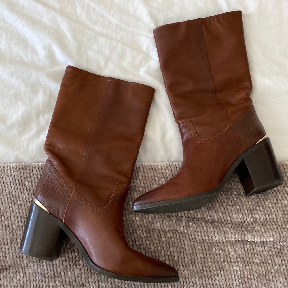 Lucky Brand Brown Leather Mid-Calf Heeled Boots